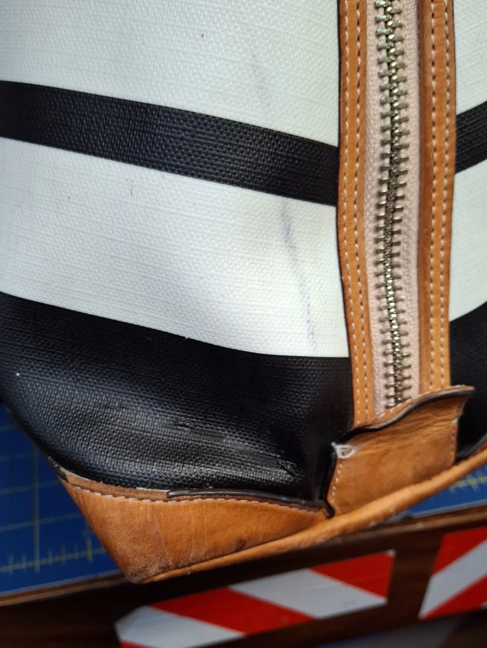 COACH Black & White Striped Tote with Tan Leather Trim Preloved